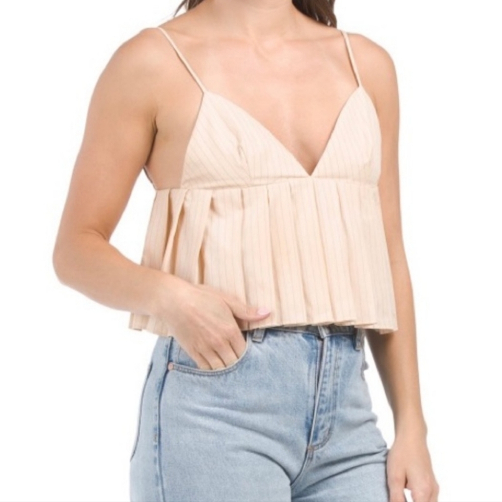 Zara Cream Pleated Cropped Spaghetti Strap Top